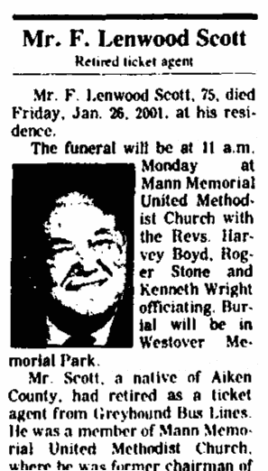 obituary for F. Lenwood Scott, Augusta Chronicle newspaper article 28 January 2001