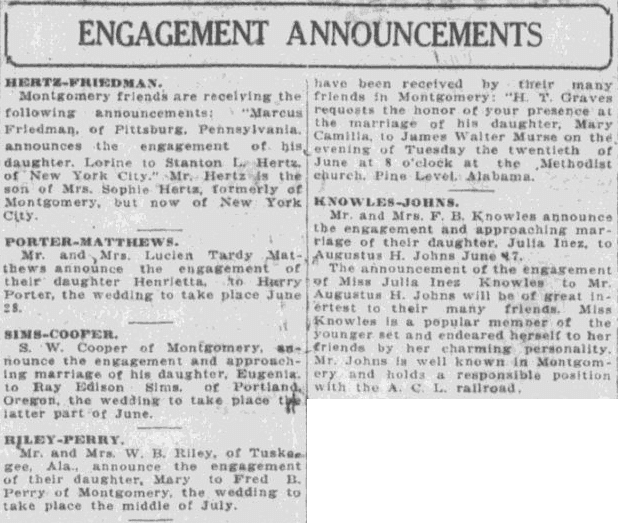 Engagement Announcements, Montgomery Advertiser newspaper article 4 June 1922