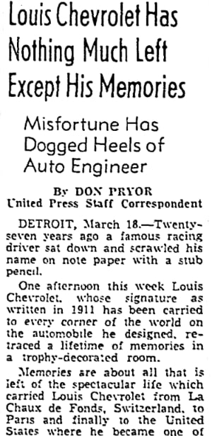 An article about Louis Chevrolet, Corpus Christi Times newspaper 18 March 1938