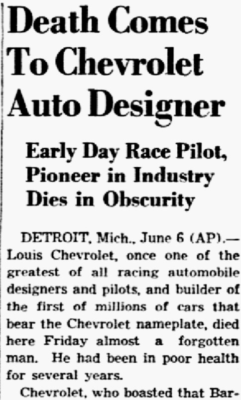 An article about Louis Chevrolet, Dallas Morning News newspaper 7 June 1941