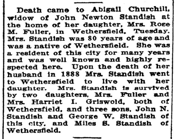 An article about Abigail Standish, Bridgeport Evening Farmer newspaper 15 May 1913