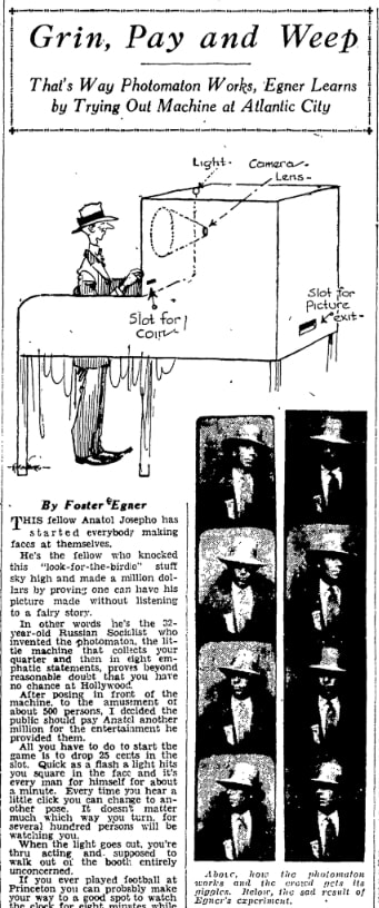 An article about photo booths, Cincinnati Post newspaper 6 July 1927