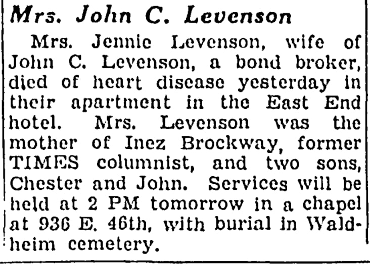 An article about Jennie Levenson, Daily Times newspaper 8 April 1945
