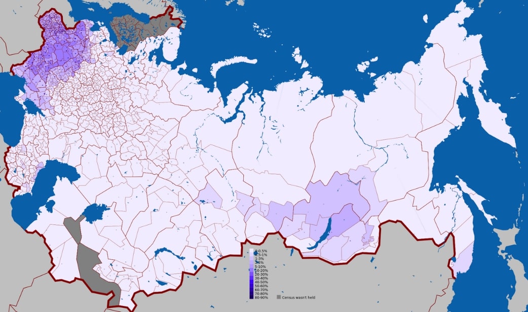 Map: geographic distribution of Jewish languages (such as Yiddish) in the Russian Empire according to 1897 census. The Pale of Settlement can be seen in the west, top left. Credit: Altes; Wikimedia Commons.