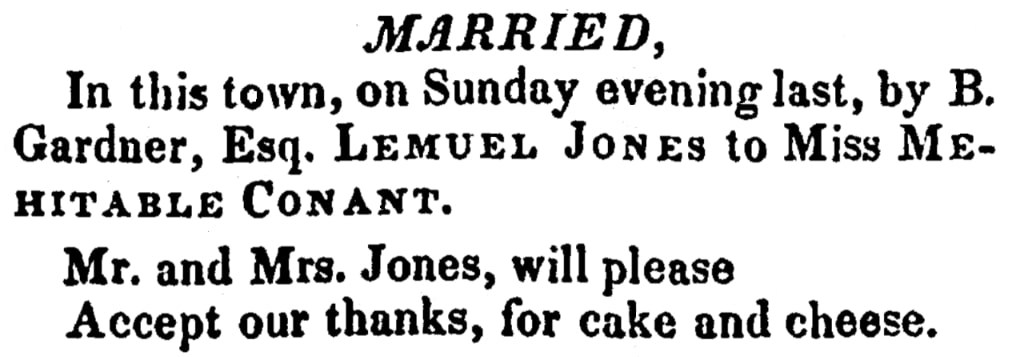 Jones-Conant wedding announcement, Nantucket Inquirer newspaper 10 January 1829