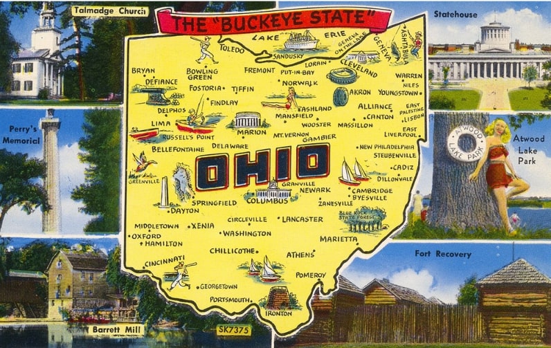 Photo: Ohio, the “Buckeye State” postcard. Credit: Miami University Libraries, Digital Collections; Wikimedia Commons.