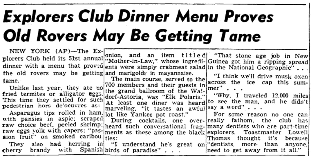 An article about The Explorers Club annual dinner, Boston Traveler newspaper 19 March 1955