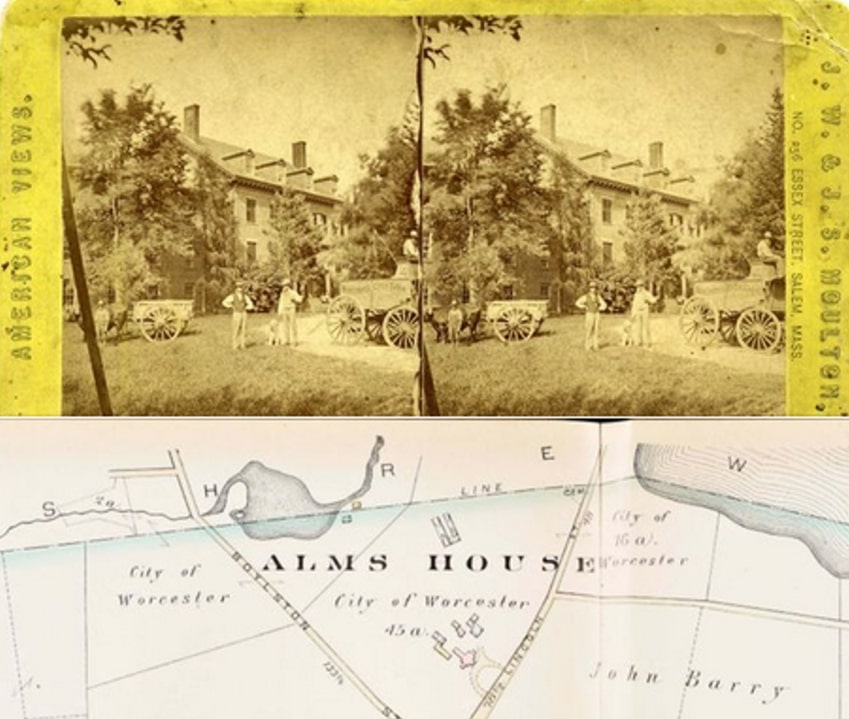 Photos: stereoscopic view of the Home Farm (“Alms House”) in Worcester, Massachusetts. Credit: Worcester Historical Museum.