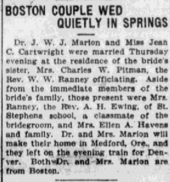 A Marion-Cartwright wedding notice, Colorado Springs Gazette newspaper 30 December 1911