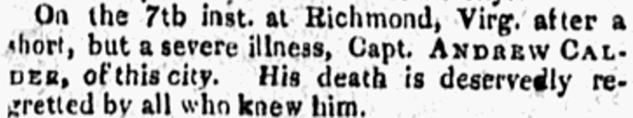 An article about Andrew Calder, Evening Post newspaper 25 September 1813