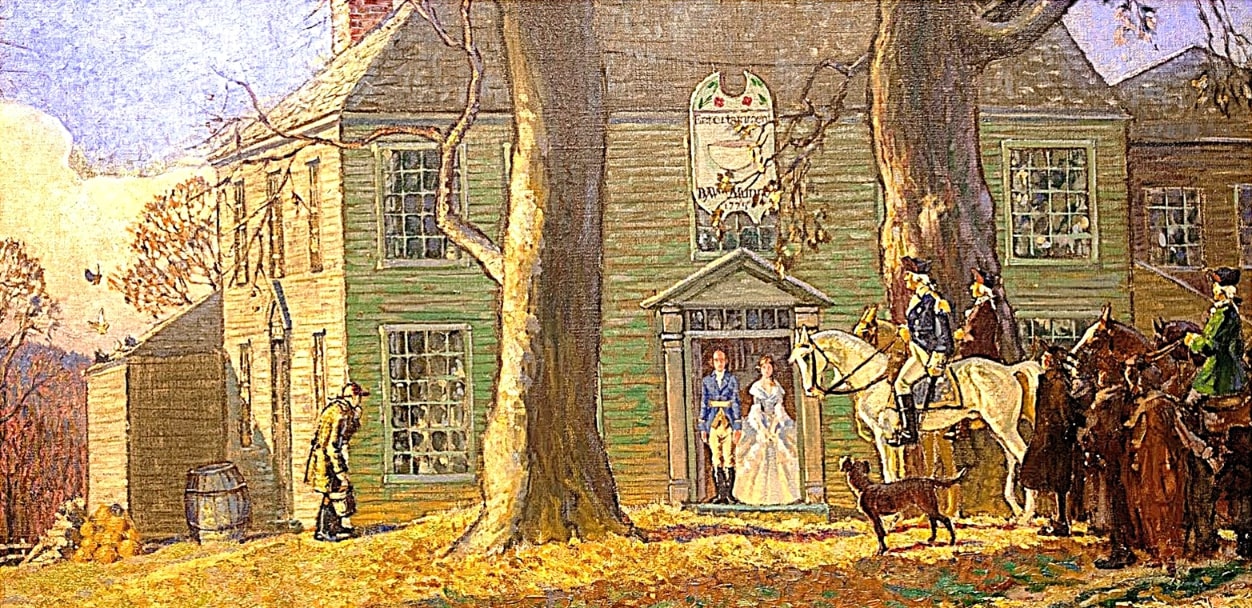 Illustration: the 1789 visit of President George Washington to the Munroe Tavern in Lexington, Massachusetts, by Phillip Parsons, 1925. Credit: Lexington Historical Society.