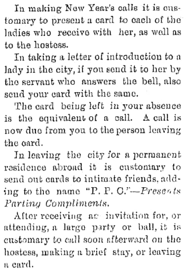 An article about calling cards, Kalamazoo Gazette newspaper 5 March 1880