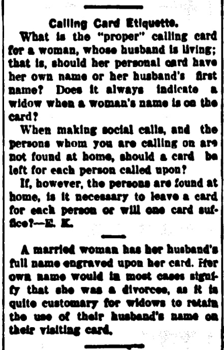 An article about calling cards, Lakeland Evening Telegram newspaper 16 March 1912