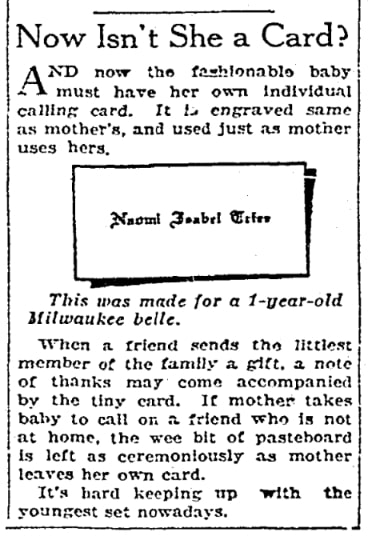 An article about calling cards, Milwaukee Journal newspaper 18 January 1925