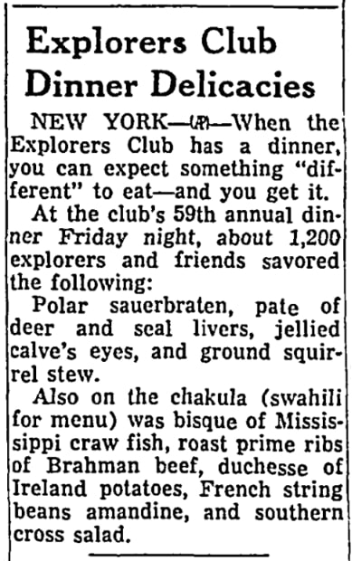 An article about The Explorers Club annual dinner, Muskegon Chronicle newspaper 6 April 1963