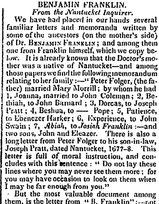 An article about Benjamin Franklin, National Advocate newspaper 7 February 1824