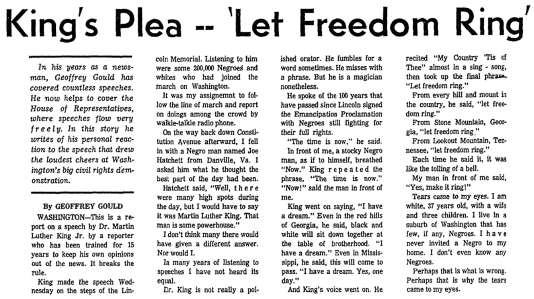 An article about Martin Luther King Jr., Oakland Tribune newspaper 29 August 1963