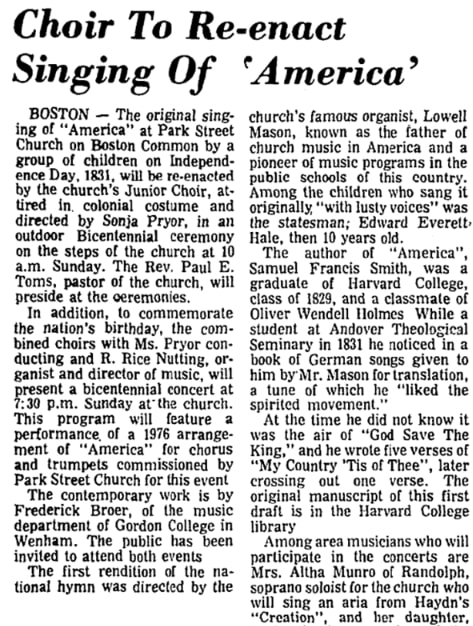 America's national hymn, Patriot Ledger newspaper 2 July 1976