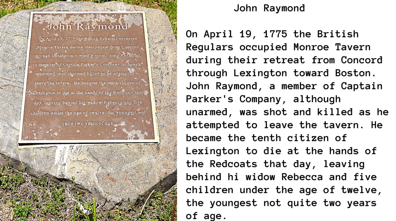 Photo: John Raymond Memorial, 1332 Massachusetts Avenue, Lexington, Massachusetts. outside the Munroe Tavern. Credit: Freedom’s Way, National Park Service.