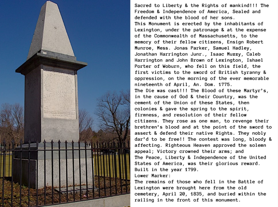 Photo: Lexington Battle Monument on the Lexington Battle Green, Lexington, Massachusetts. Credit: Daderot; Wikimedia Commons.