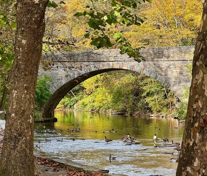 Photo: Wissahickon Creek runs under the Valley Green Bridge in Wissahickon Valley Park, Northwest Philadelphia, Pennsylvania. Credit: Harrison Keely; Wikimedia Commons.