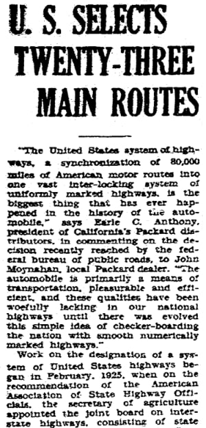 An article about the highway system, San Diego Union newspaper 6 February 1927