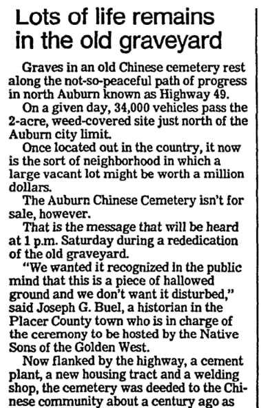 An article about the Auburn Chinese Cemetery, San Jose Mercury News newspaper 24 June 1988