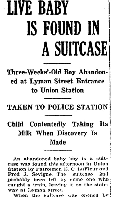 An article about an abandoned infant, Springfield Daily News newspaper 7 December 1915