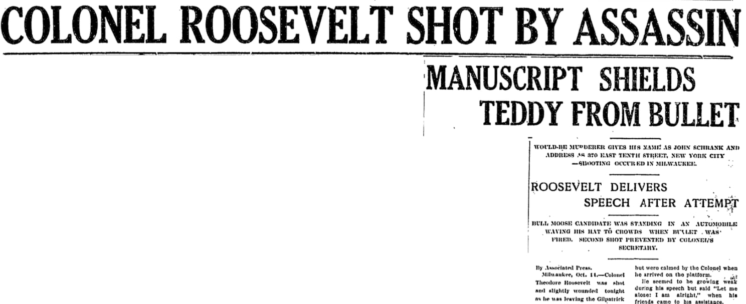 An article about the attempted assassination of Theodore Roosevelt, Aberdeen Daily American newspaper 15 October 1912