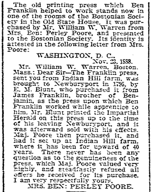 An article about a printing press used by Benjamin Franklin, Boston Herald newspaper 17 January 1900