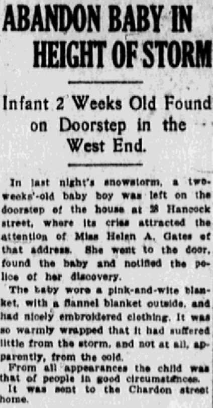 An article about an abandoned baby, Boston Journal newspaper 4 March 1916