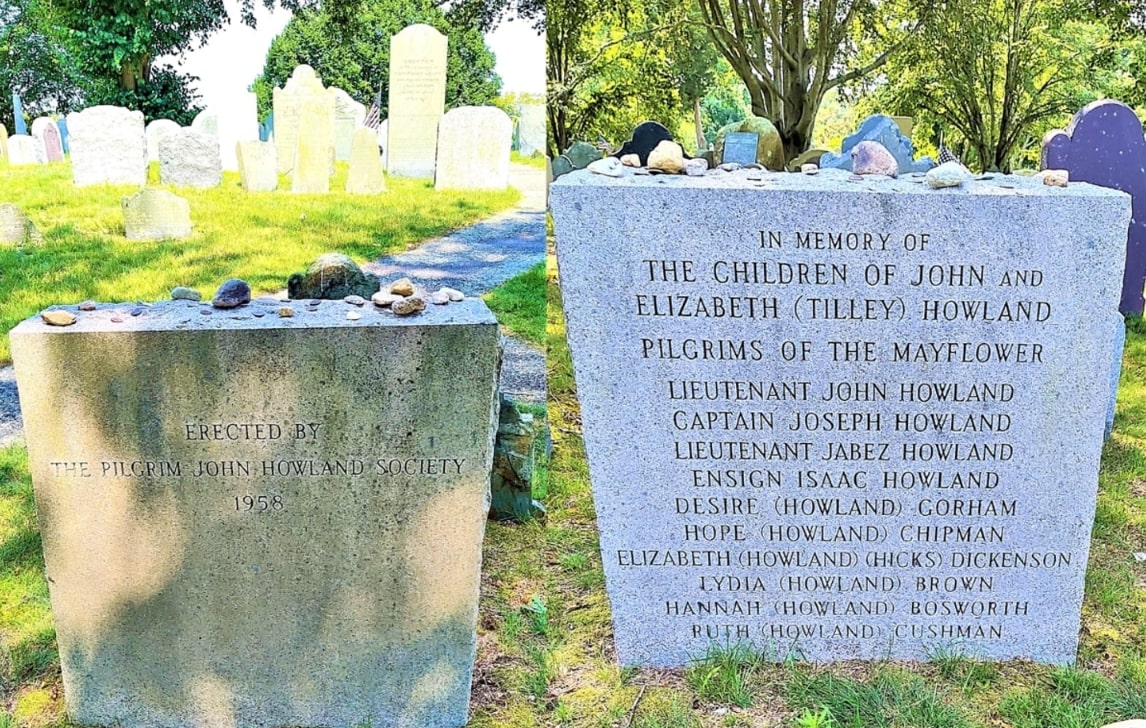 Photos: a cenotaph was placed at Burial Hill in Plymouth, Massachusetts, erected by the Pilgrim John Howland Society, memorializing the children of Mayflower passengers John Howland and Elizabeth (Tilley) Howland. Credit: Walter Perro.