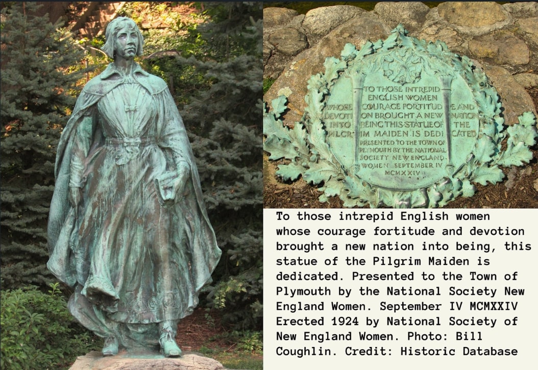 Photos: the Pilgrim Maiden Monument is in Plymouth, Massachusetts, located in Brewster Gardens. Elizabeth Tilley is among the maidens. Credit: Bill Coughlin; Historic Database.