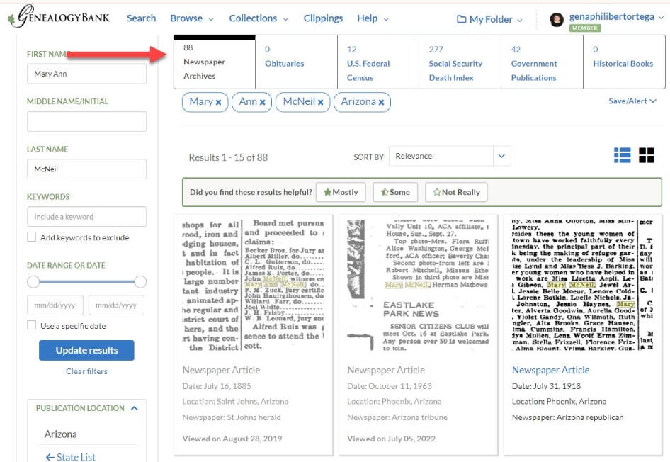 Photo: screenshot of GenealogyBank’s search results page.