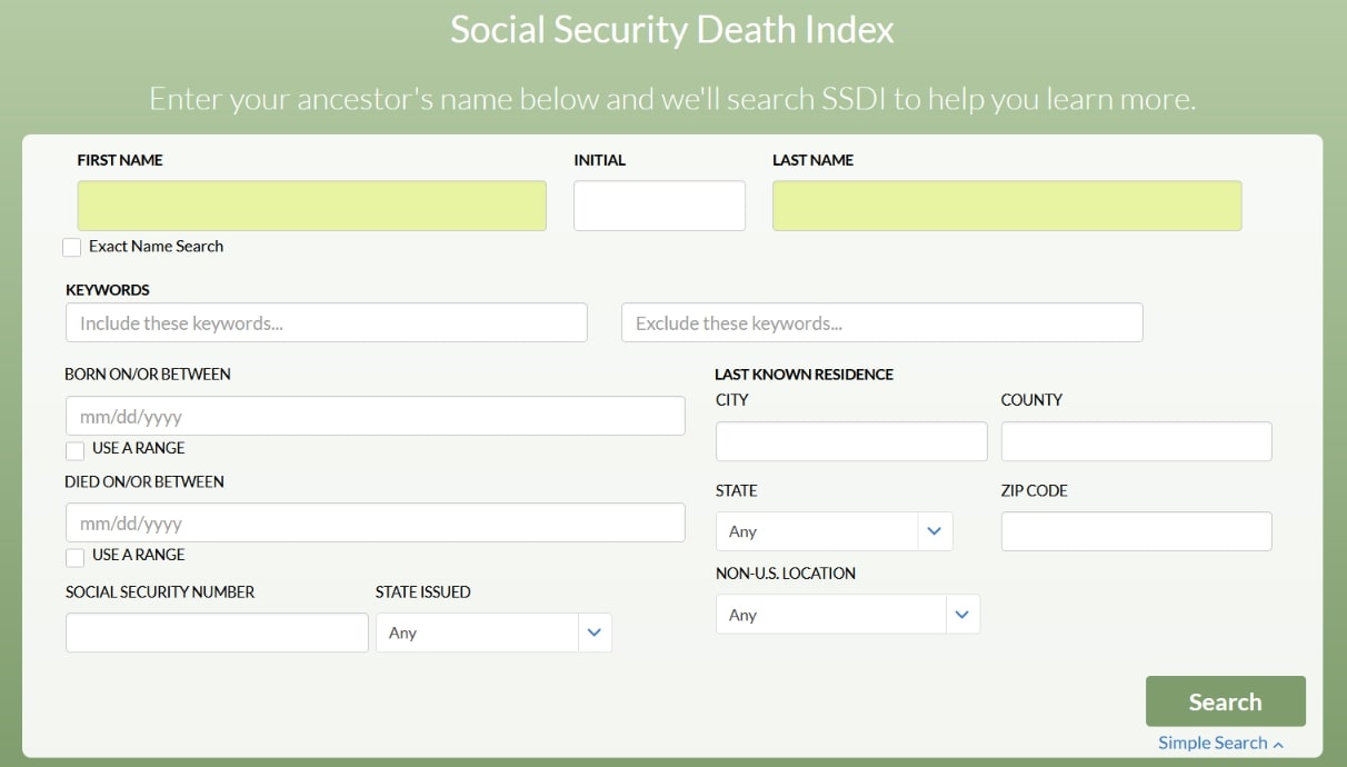 Photo: screenshot of GenealogyBank’s Social Security Death Index page.