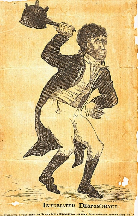 Illustration: “Infuriated Despondency!” A caricature of Edmund March Blunt, by James Akin. From the Charles E. Goodspeed Collection. Credit: Worcester Museum.