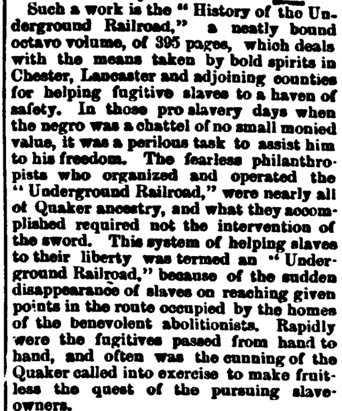 An article about the Underground Railroad, Lancaster Daily Intelligencer newspaper 18 August 1883