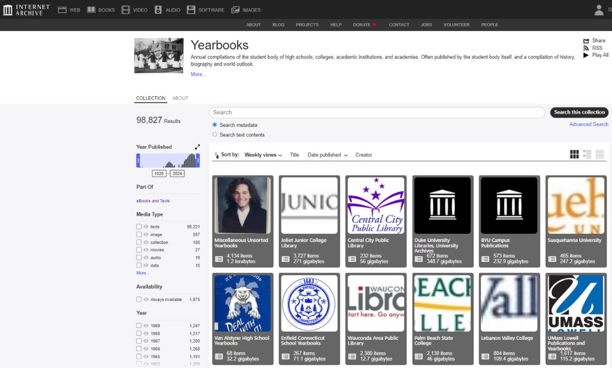 Photo: screenshot of Internet Archive’s Yearbooks page. Credit: Internet Archive.