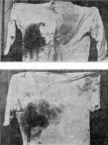 Photos: Theodore Roosevelt’s blood-stained shirt. Credit: “The Attempted Assassination of Ex-President Theodore Roosevelt”; Wikimedia Commons.