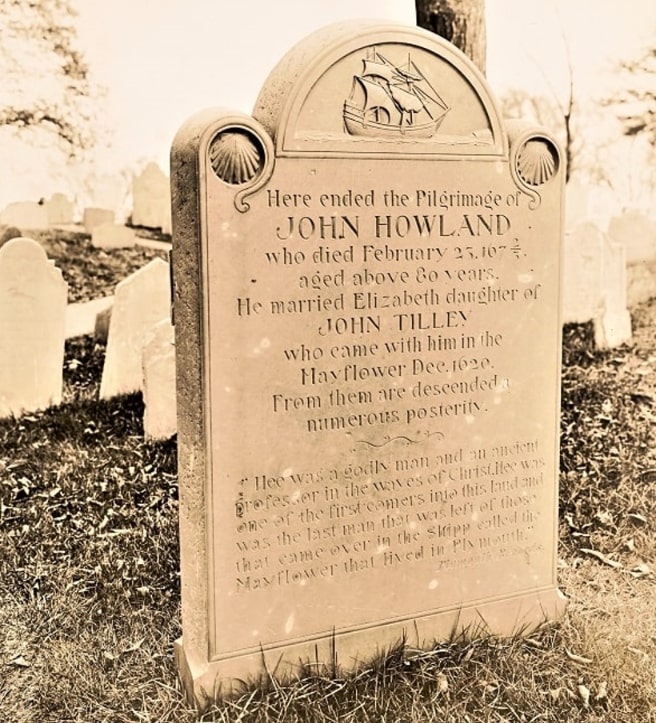 Photo: the replacement John Howland gravestone which includes the correction that Howland “married Elizabeth, daughter of John Tilley.” Leon H. Abdalian, photographer. Credit: Boston Public Library, courtesy of Digital Commonwealth.