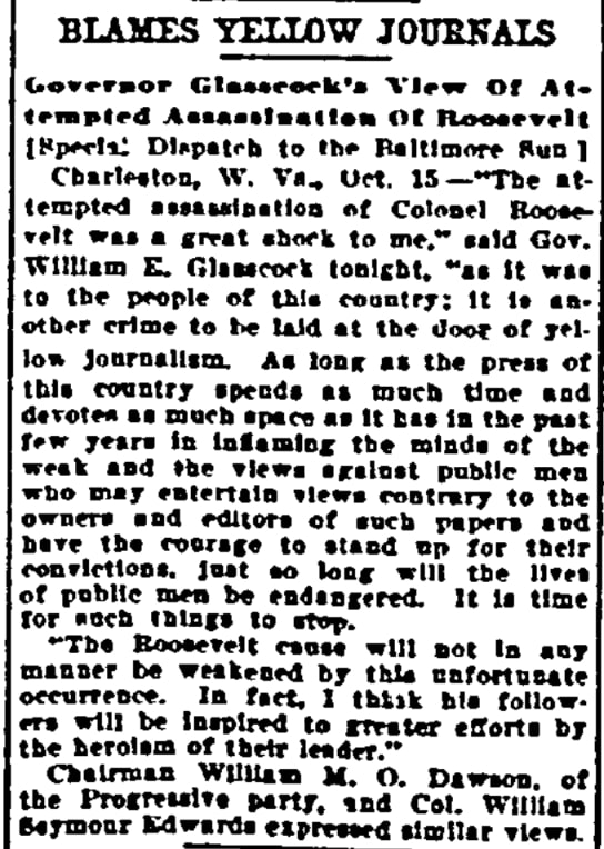 An article about the attempted assassination of Theodore Roosevelt, Sun newspaper 16 October 1912