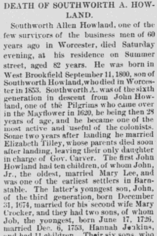 An article about Southworth Allen Howland Jr., Worcester Daily Spy newspaper 9 October 1882