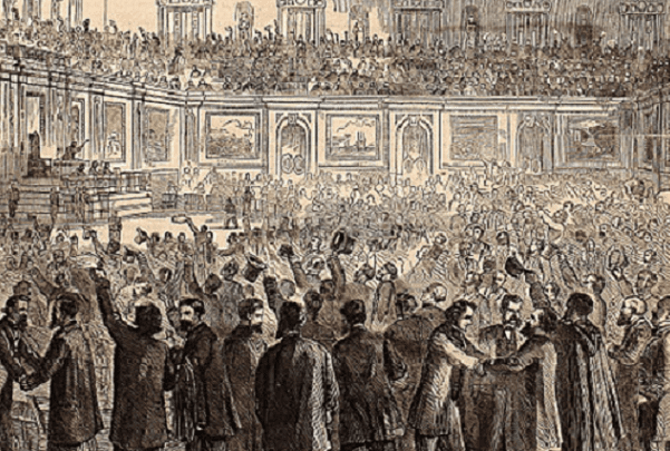 llustration: cartoon depicting celebration in the House of Representatives after adoption of the Thirteenth Amendment, 18 February 1865. Credit: Harper's Weekly; Wikimedia Commons.
