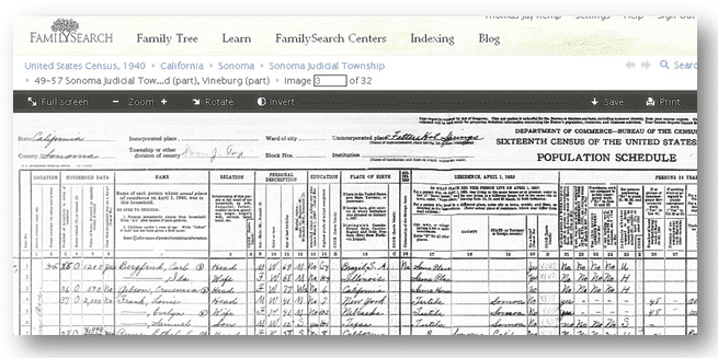 1940 census form for Carl Bergfried of Sonoma, California