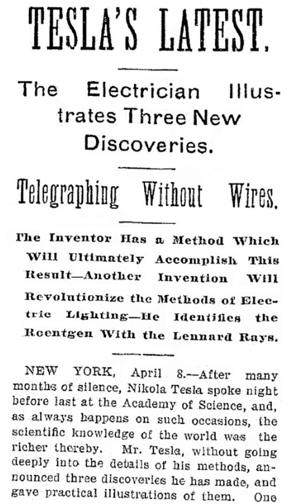 An article about Nikola Tesla, Plain Dealer newspaper article 9 April 1897