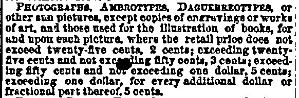 explanation of stamp fees for photographs, New York Herald-Tribune newspaper article, 13 April 1865