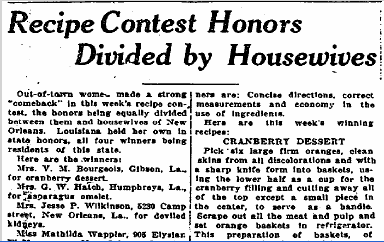 Recipe Contest Honors Divided by Housewives, Times-Picayune newspaper article 23 December 1922