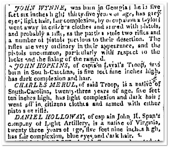 description of Army deserters, City Gazette & Daily Advertiser newspaper article 6 January 1810