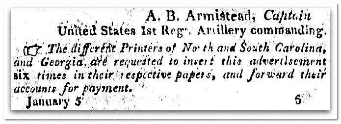 reward ad for Army deserters, City Gazette & Daily Advertiser newspaper article 6 January 1810