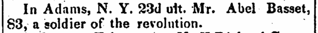 Abel Basset death notice, Bellows Falls Gazette newspaper article 10 January 1842